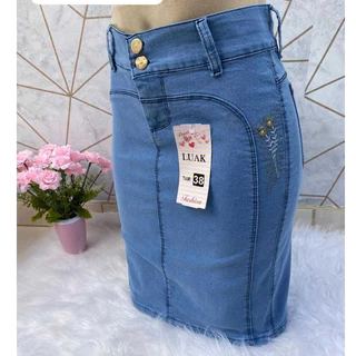 Saia JEANS secretária mídi Clara Detalhe FLORZINHA bordada