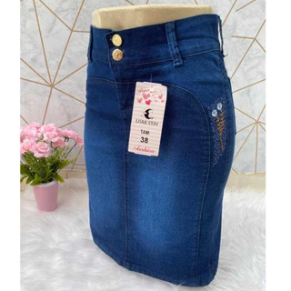 Saia JEANS secretária mídi Escura Detalhe FLORZINHA bordada