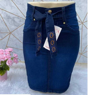 Saia JEANS secretária mídi ESCURA com CINTO Detalhe Bolinhas