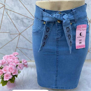 Saia JEANS secretária mídi CLARA com CINTO Detalhe Bolinhas