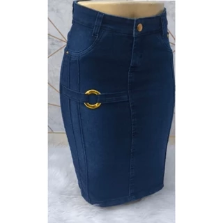 Saia JEANS secretária mídi ESCURA Detalhe Argola Dourada