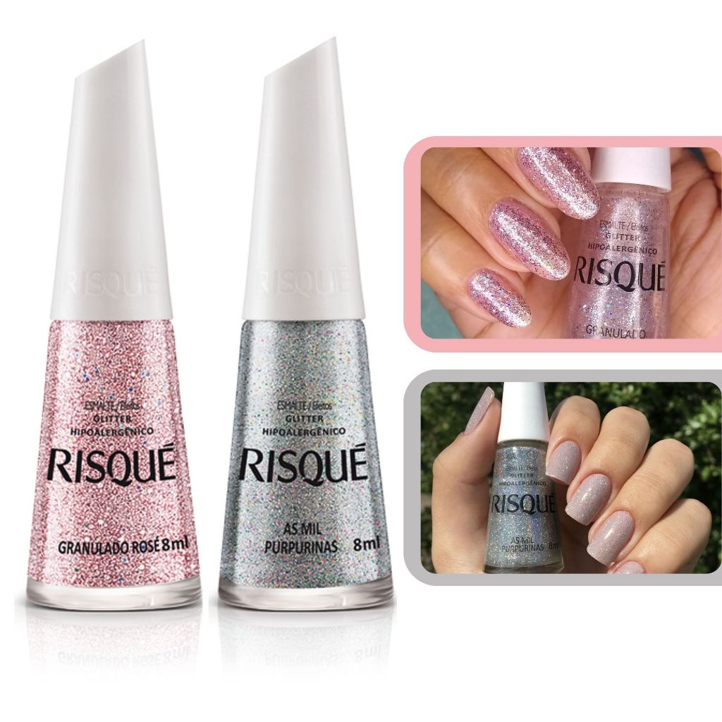 Kit Esmalte Risque Glitter Mil Purpurinas + Granulado Rose | Shopee Brasil