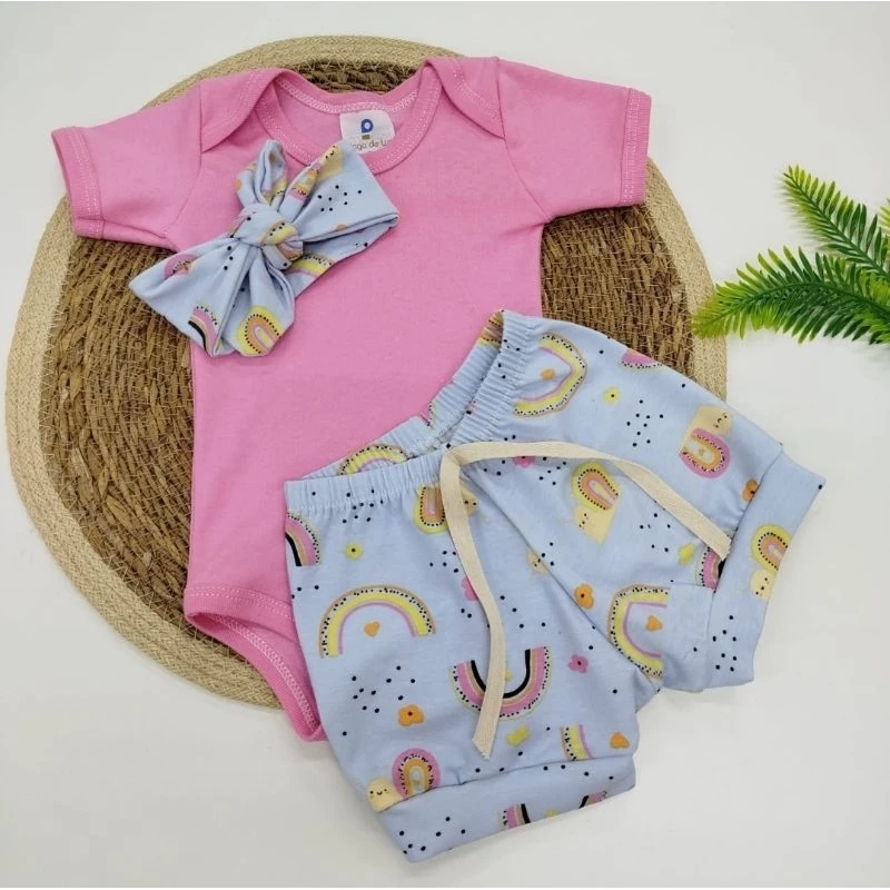 Conjunto Bebê Menina Body e Short e Tiara Malha Algodão