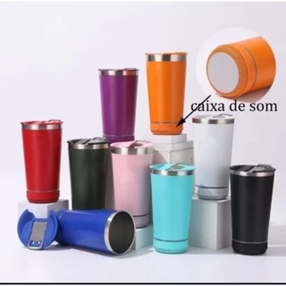 Copo Térmico Inox com tampa abridor e caixa de som com led e bluetooth