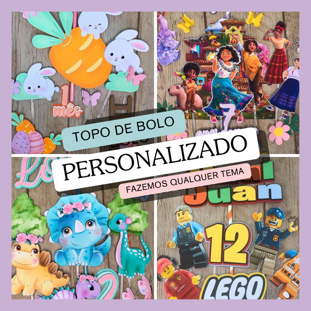 Topo topper de bolo personalizado com nome e idade vários temas ...