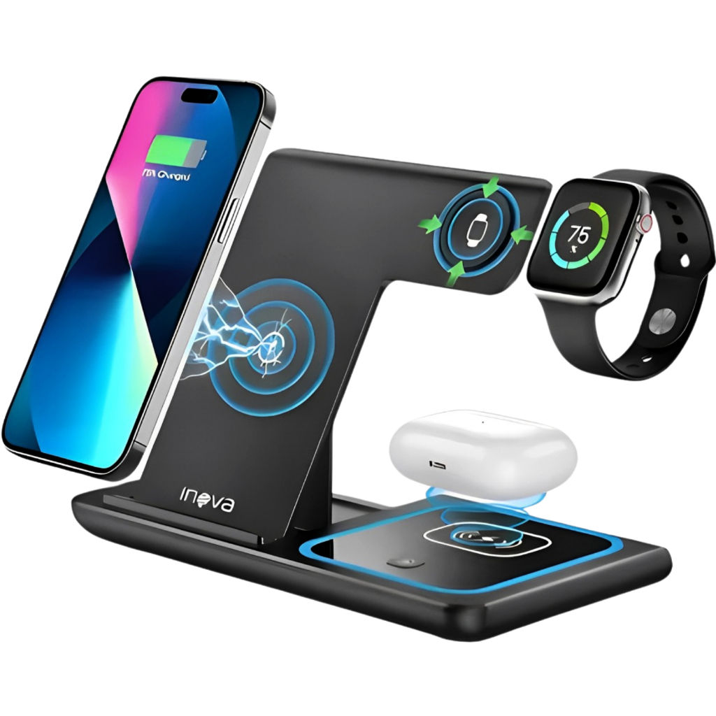 Carregador Indução Dobrável 3 em 1 Rápido para Smartphone, Smartwatch e Fones