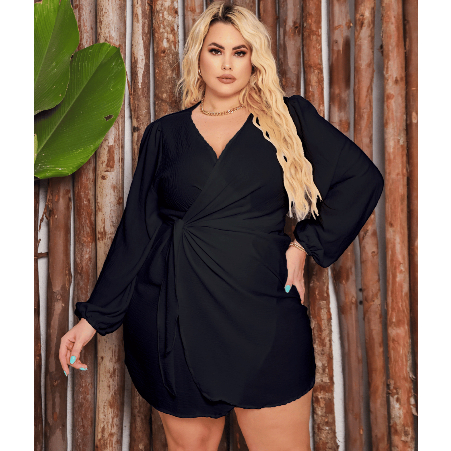 Vestido Envelope Preto Transpassado Plus Size Manga Longa Decote V