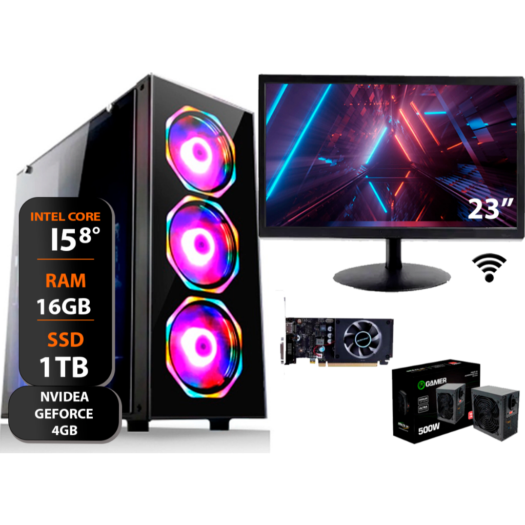 Computador Gamer Core I5 8°ger Ddr4 16gb Ssd 1tb 500w Monitor 20 + PRO ...