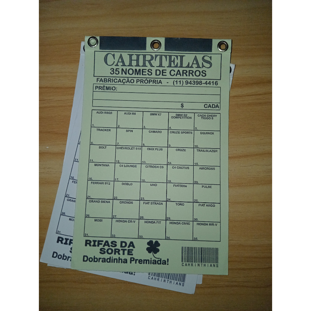 CARTELA DE RIFA 30 CARROS, 2 PRÊMIOS EM 2 ABERTURAS, PACOTE COM 10 ...