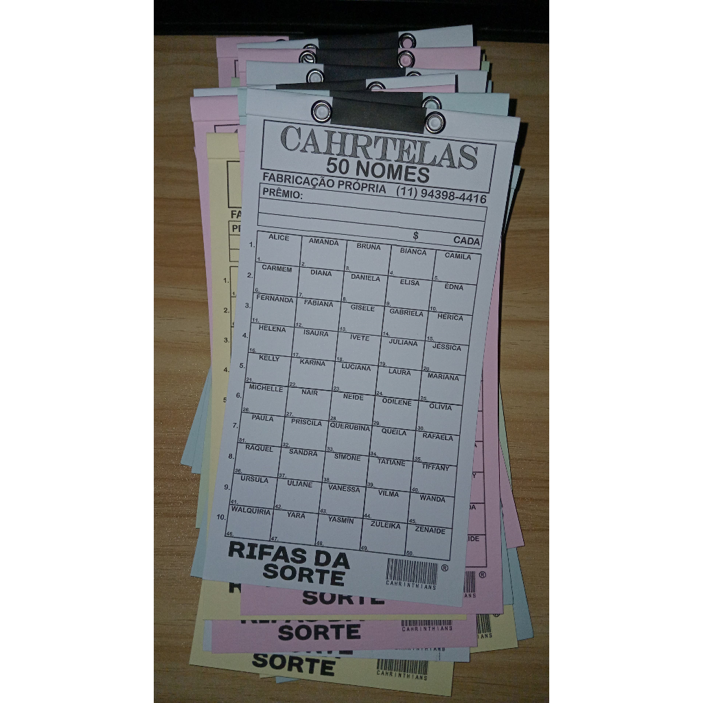 CARTELA DE RIFA 50 NOMES, TAMANHO 2 (P), PACOTE COM 10 UNIDADES ...