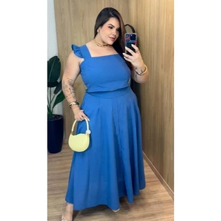 Conjunto Cropped e Saia Longa Godê Plus Size no Crepe Dunas Alça Babado Varias Cores