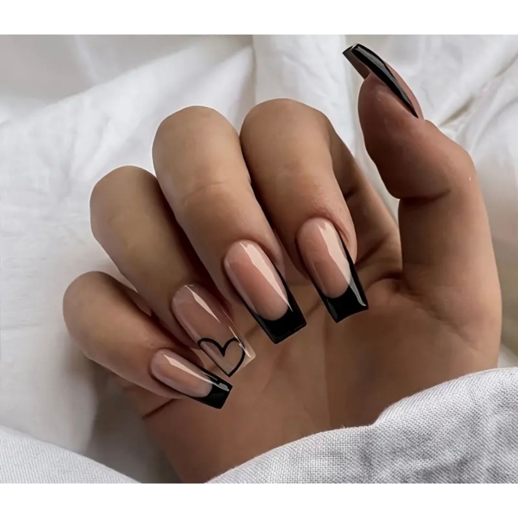 Unha Postiça Realista Francesinha com Coração Preto na Ponta 24 Unidades