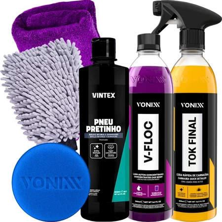 Kit pneu pretinho shampoo V-Floc cera carnaúba Vonixx automotivo