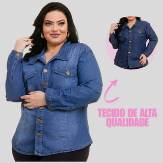 Jaqueta Jeans Plus Size Feminina Com Bolsos Camisa Jeans