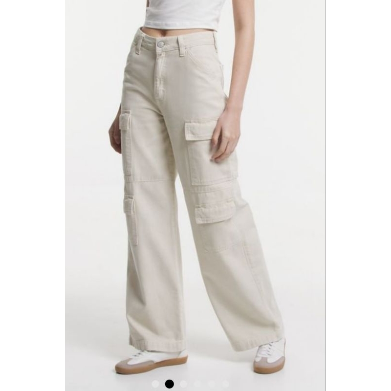 Calça Cargo 100% Jeans Original Wide Leg Bege Pantalona | Shopee Brasil