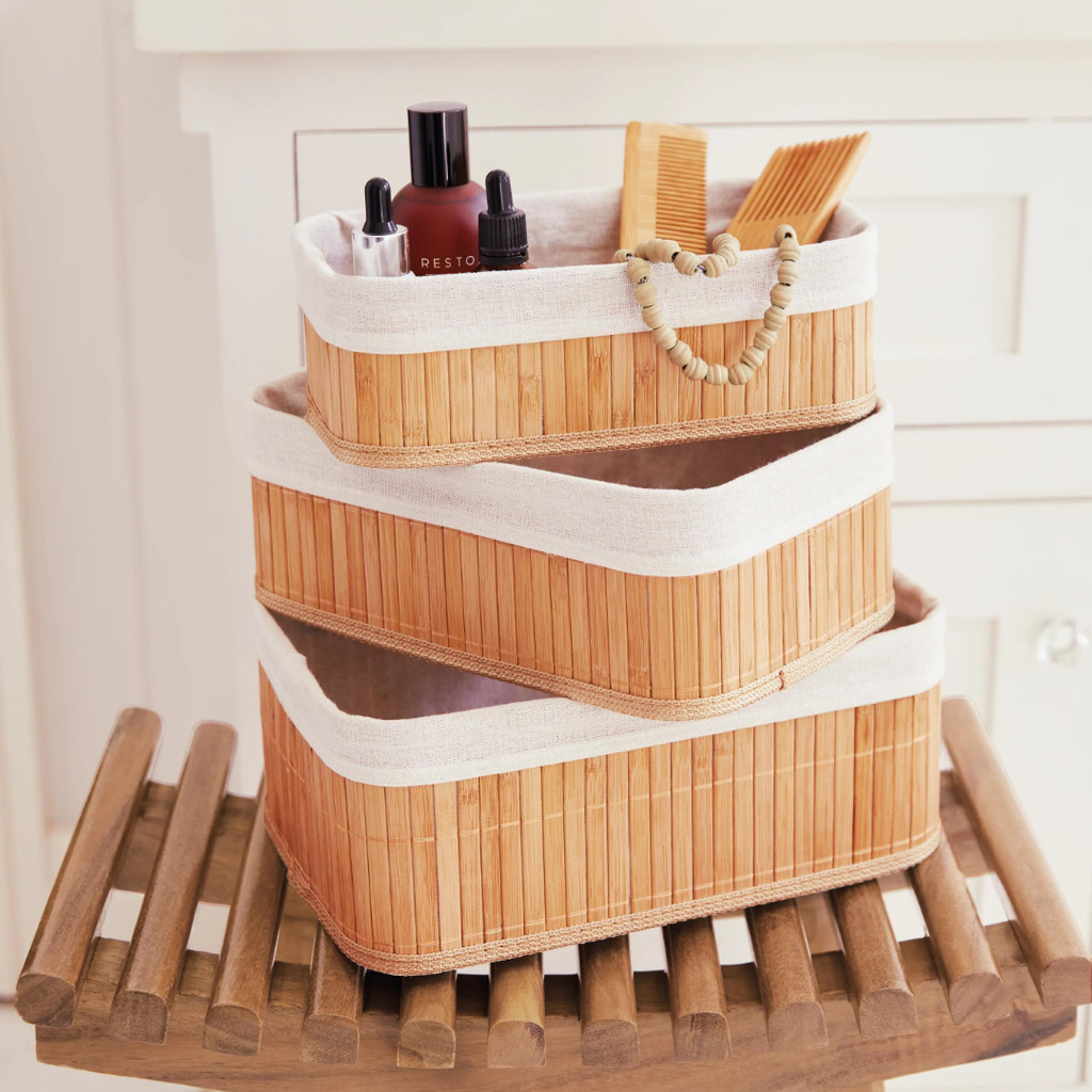 Kit 3 Cestos Organizadores de Bambu Multiuso com Forro