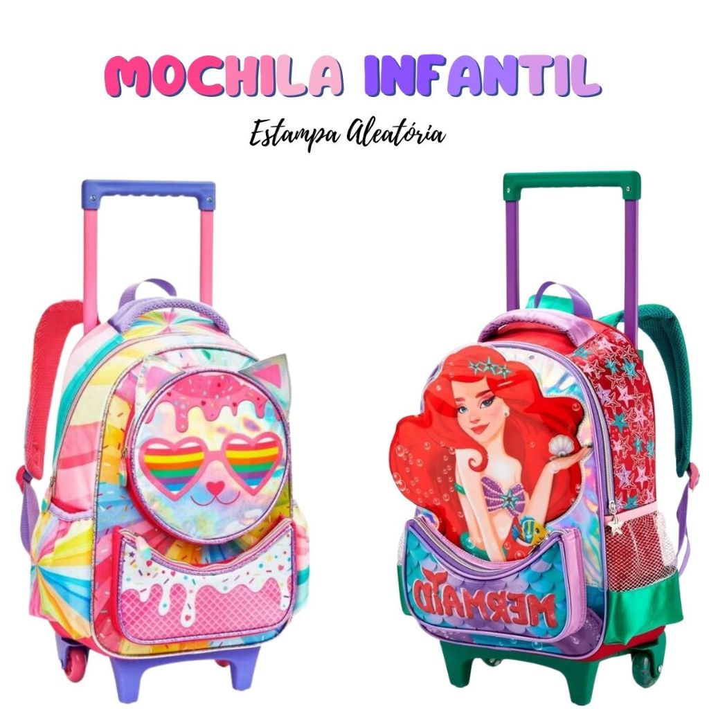 Mochila Bolsa Escolar Infantil Rodinhas Aleatório Menina Estampas 3D