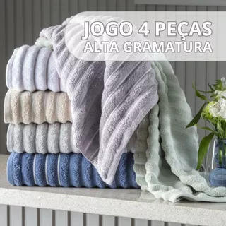 Jogo De Toalhas Banhão 4 Peças 100% Algodão 450g/m² Toque Macio Felpuda Excelente Absorção Wave