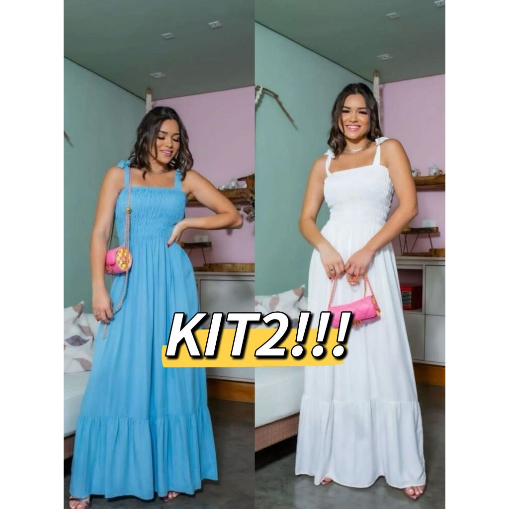 Kit 2 Vestidos Feminino Longo de Lastex Com Alça Em Tiras De Amarra