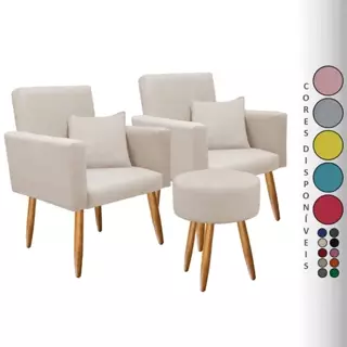 Kit 02 Poltronas Nina com Almofada e 01 Puff Redondo para Sala Decorativa Pés Palito Suede Aninha Decor