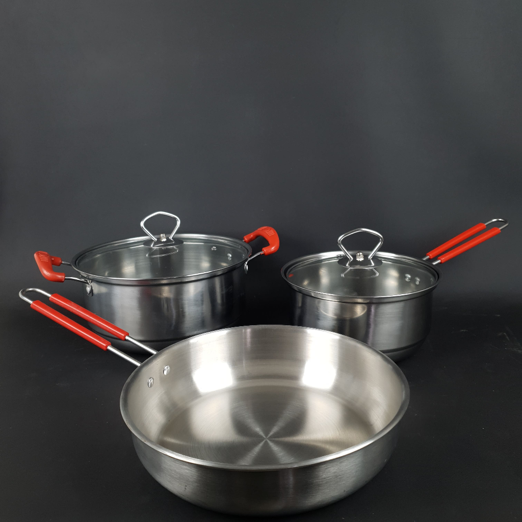 Conjunto C/ 3 peças Panelas Aço Inox p/ Fogão de Indução/ Eletrico e a Gás - Cabo Vermelho