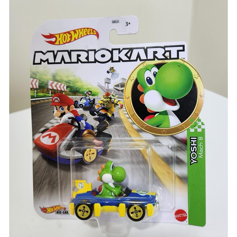Hot Wheels Mario Kart Vehículo de Juguete Yoshi Sports Coupe con Paracaídas