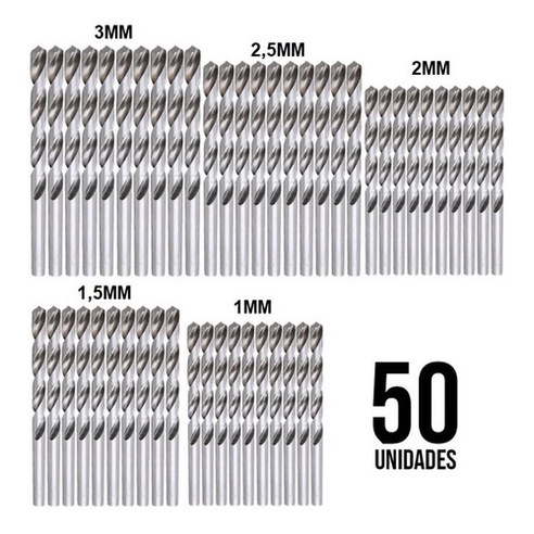 Jogo 50 Broca Aco Rapido 1, 1,5, 2, 2,5 e 3mm