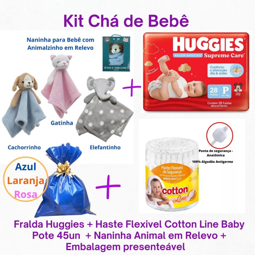 Kit Chá de Bebê Fralda Huggies+CottonLine Baby Hastes Flexivel Pote ...