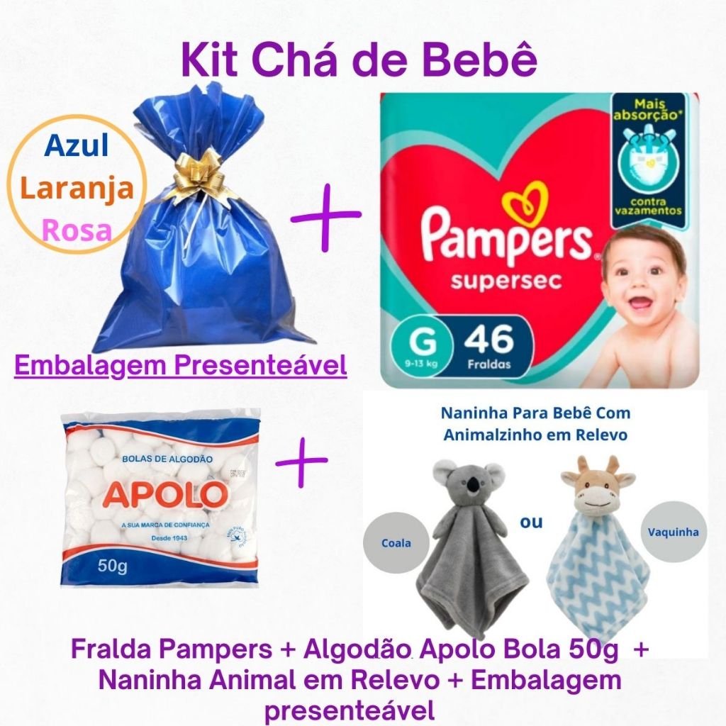 Kit Chá de Bebê Fralda Pampers +Algodão Apolo Bola 50g + Mimo Naninha C ...