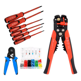 Kit 4x1 Eletricista Master - Jogo Chave Fenda + Alicate Crimpar + 1200 Terminias + Alicate Decapador