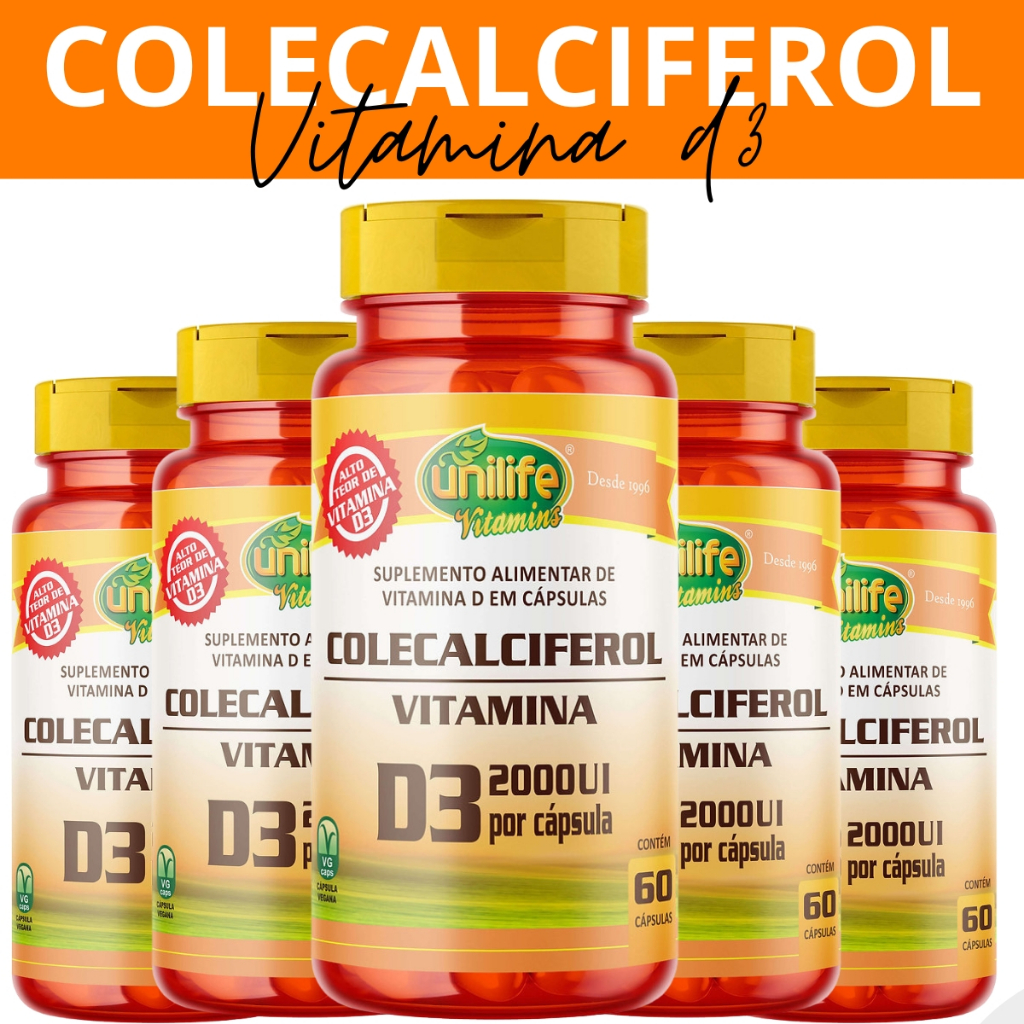 KIT 5- COLECALCIFEROL VITAMINA D3 2000 UI - SUPLEMENTO COM 60 CAPSULAS ...