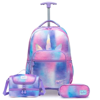 Kit Mochila De Rodinhas Unicórnio Infantil Juvenil Menina Lancheira Térmica Estojo