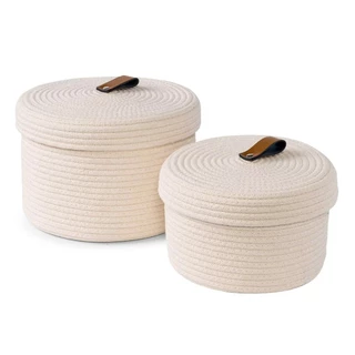 Kit 2 Caixas em Corda 100% Algodão - Cesto Organizador Com Tampa Cor Offwhite Alça em Couro - Medidas 28x16cm e 23x13cm em Oferta na Shopee