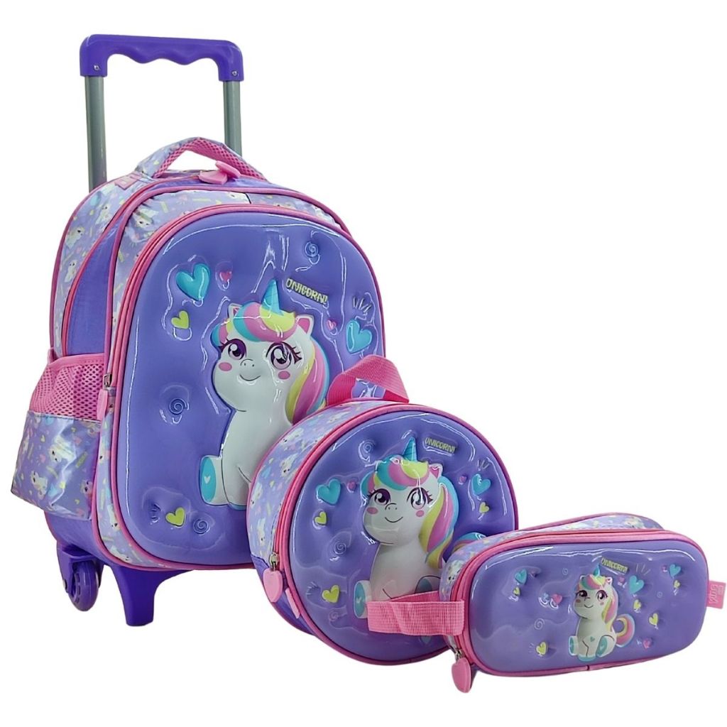 Kit Mochila Maternal Unicornio de Carrinho Tamanho P Alca Costa Lancheira Estojo