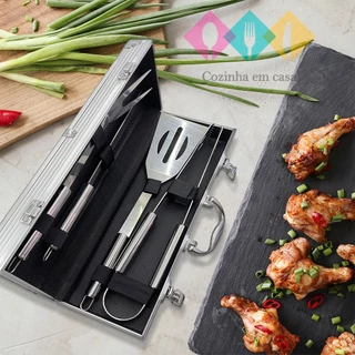 Kit De Churrasco Aço Inox 4 Pçs C/ Maleta Alumínio Presente