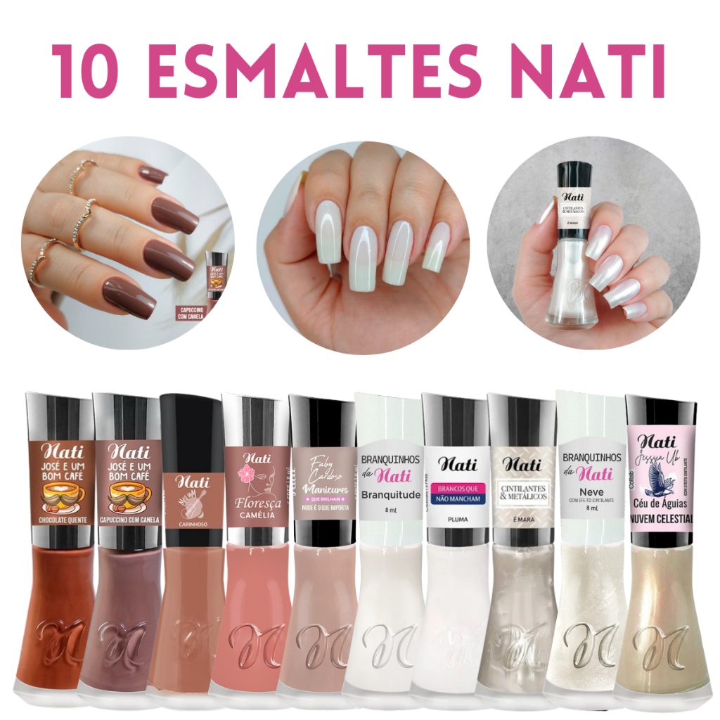 Kit de Esmaltes Nati Claros Mais Vendidos Nudes Marrom Branco Rosa ...