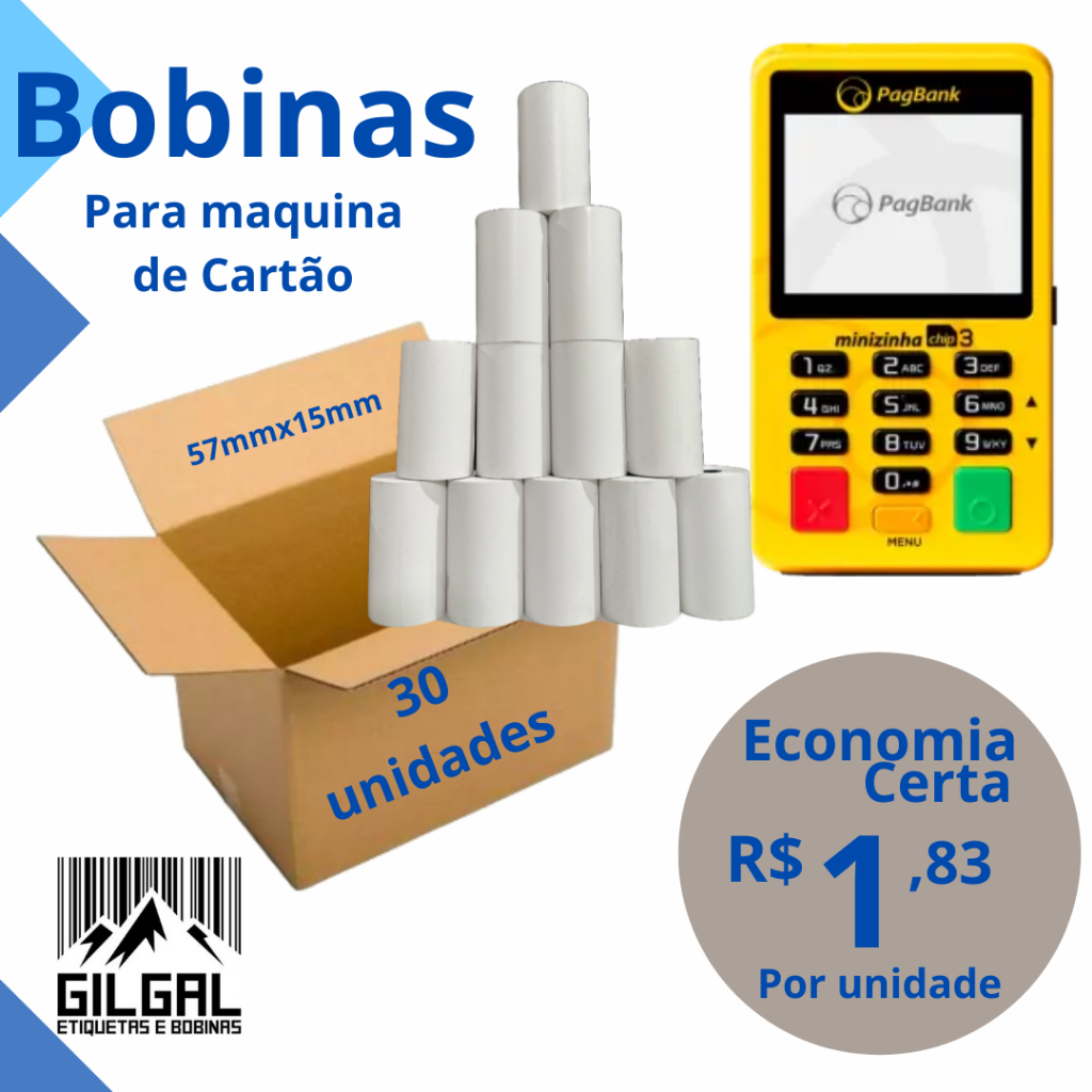 Kit 30 Bobina Térmica Para Maquina Cartão de Crédito | Shopee Brasil