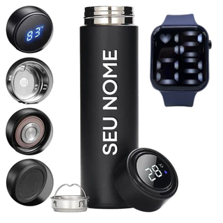 Garrafa Copo Térmica Personalizada Com Led Digital 500ml Em Aço Inoxidável + Brinde Relógio Digital