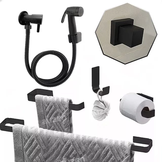 Kit Acessórios Preto para Banheiro Quadrado + 1 Ducha Higiênica POP Preta + Acabamento padrão deca preto