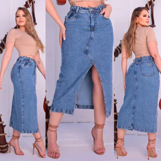 Saia Jeans Feminina Longa Cintura Alta Evangélica Fenda Lateral Fenda Central Lavagem Media