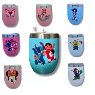 COPO TÉRMICO 360ML PERSONALIZADO STITCH MINNIE MINIONS BORBOLETA EM DTF UV GELADO QUENTE