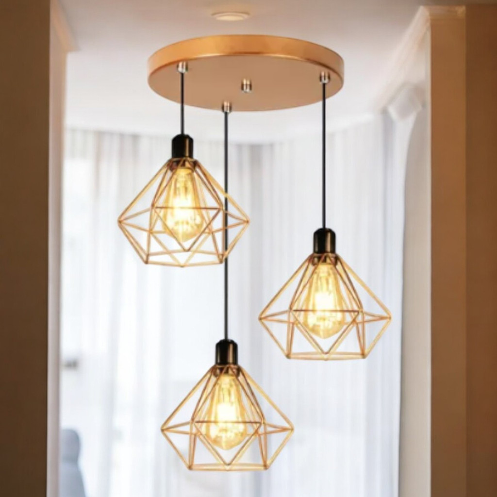 Luminária E-led Pendente Triplo Aramado Diamante Lustre 110v/220v