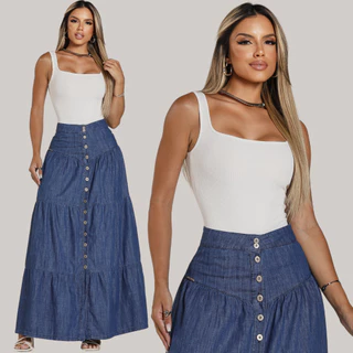 Saia Feminina Jeans Evangelica Cintura Alta Elegante Quallidade