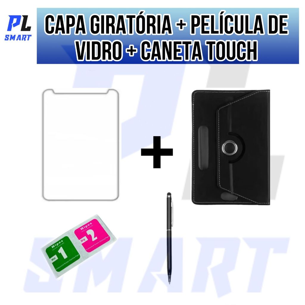 Capa Giratória com Apoio Horizontal para Tablet de 7 8 Polegada Universal + Película + Caneta Touch