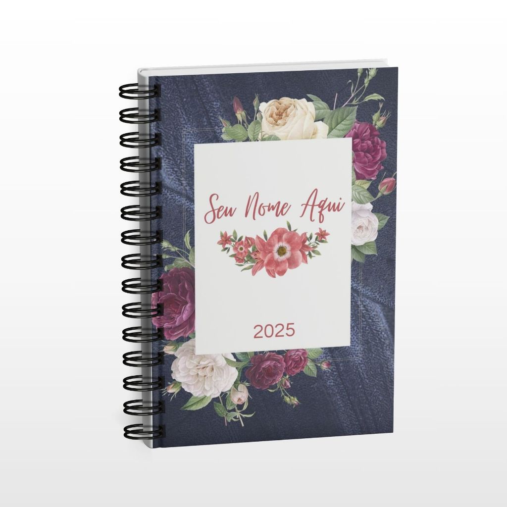 Agenda 2025 A5 15x21cm Feminina Personalizada Com Nome Capa Dura Floral