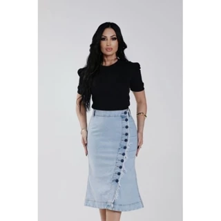 Saias Midi Jeans Clara Com Botões Laterais Na Perna Encapados Evasê Evangélica Com Barra!
