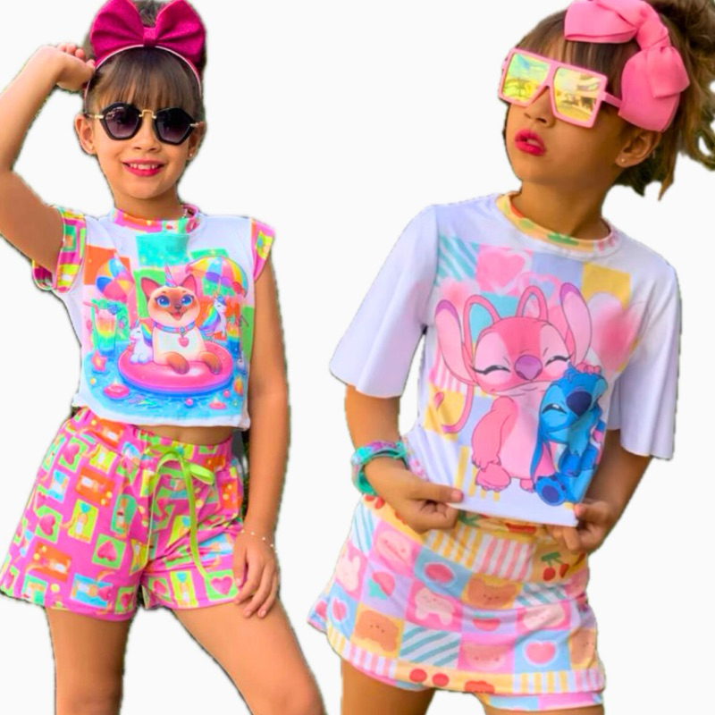 Conjunto Stitch moda infantil para meninas estilosas modinha short saia ...