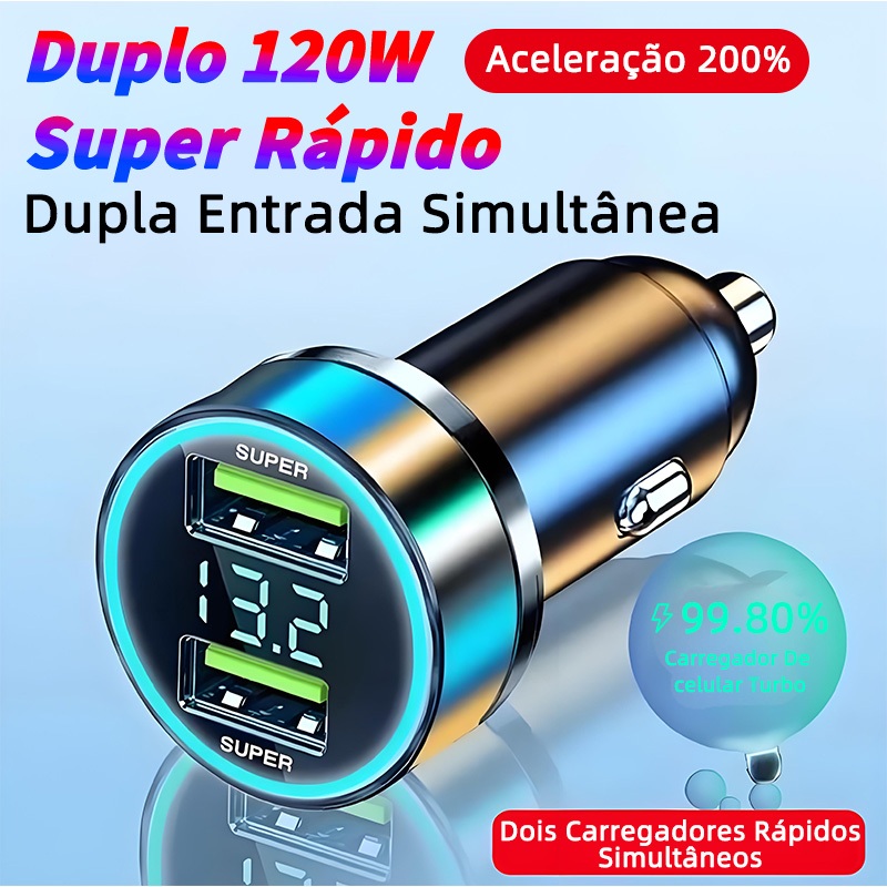 Carregador De Celular Turbo Para Carro Duplo 120W Super Rápido Carregador De Celular Turbo Display Digital 2 USB Porta