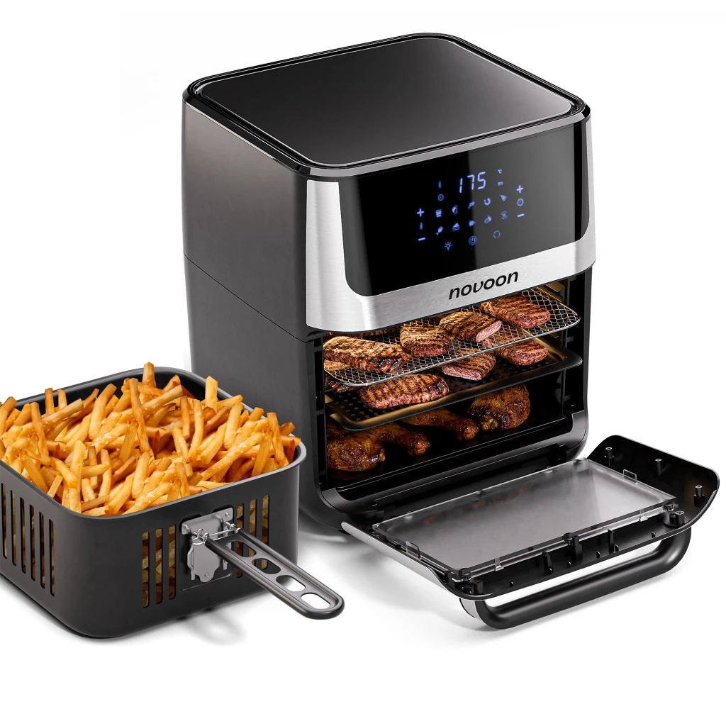 Air Fryer Digital Novoon 12L Fritadeira Elétrica Sem Óleo Preta Inox com Tampa de Vidro 127v 220v