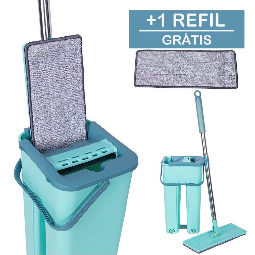 Rodo Flat Mop 2 Refis Esfregão Com Balde Rodo Mágico Lava Seca Tira Pó Profissional Multiuso Limpeza